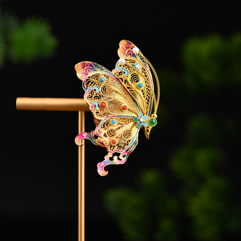 【靈蝶 】花絲蝴蝶胸針非遺物手工飾品 國風珠寶