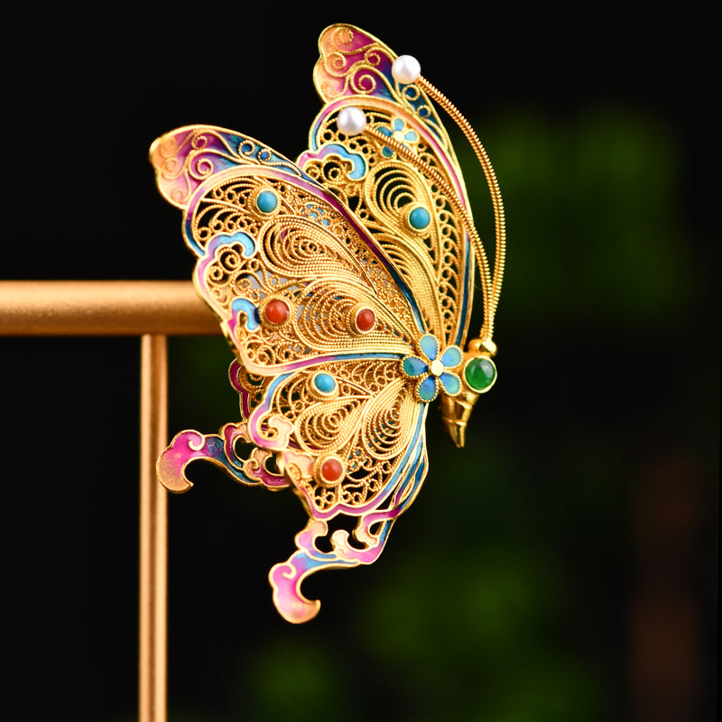 【靈蝶 】花絲蝴蝶胸針非遺物手工飾品 國風珠寶