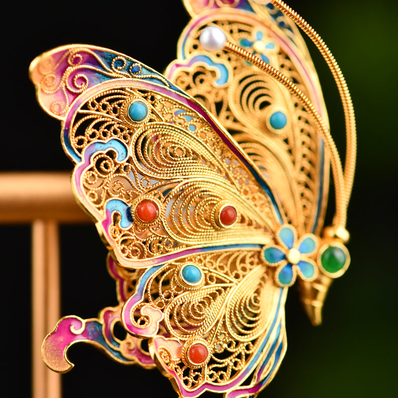 【靈蝶 】花絲蝴蝶胸針非遺物手工飾品 國風珠寶